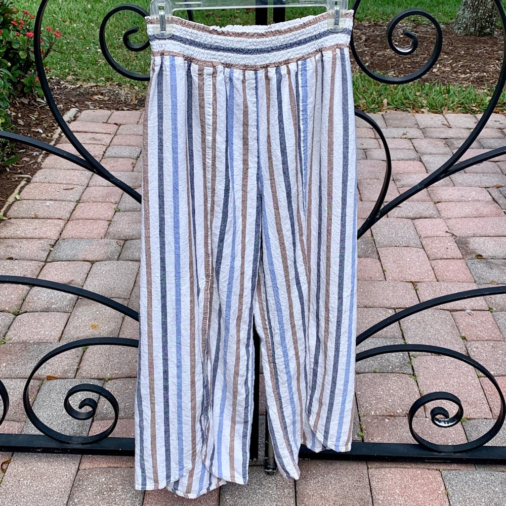LAND N SEA Taupe I Blue Stripe Linen Blend Split Front Beach Pants S / M